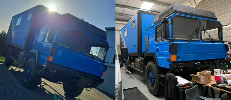 Conrad's blue overland truck, shown outside in the sun and inside our workshop