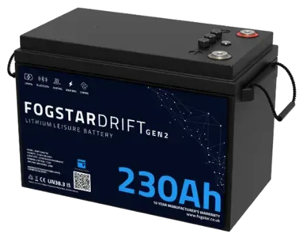 Fogstar Drift Gen2 12V 230Ah lithium leisure battery with the capacity on the front label