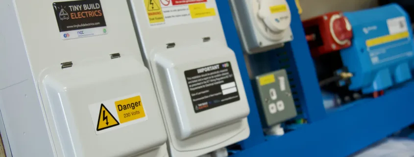 Two FuseBox consumer units with Tiny Build Electrics and Danger 230 Volts labels, a dual-supply warning label and an inspection notice, mounted beside a hook-up inlet, a socket, a battery isolator and Victron equipment on a blue test rig