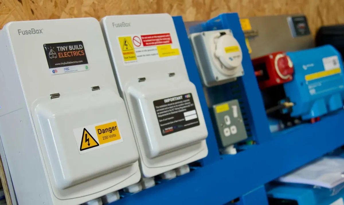 Metal consumer units with double-pole RCBOs and warning labels in a cabin
