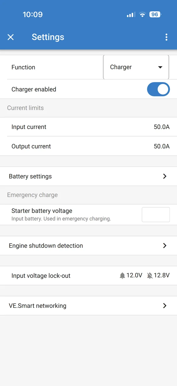 VictronConnect Orion XS 1400 Product settings with the Starter battery voltage option