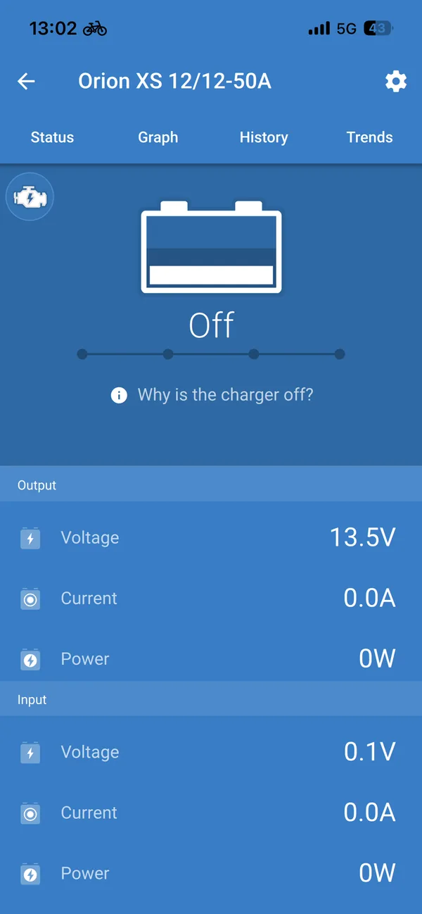 VictronConnect showing Orion XS status with engine running icon