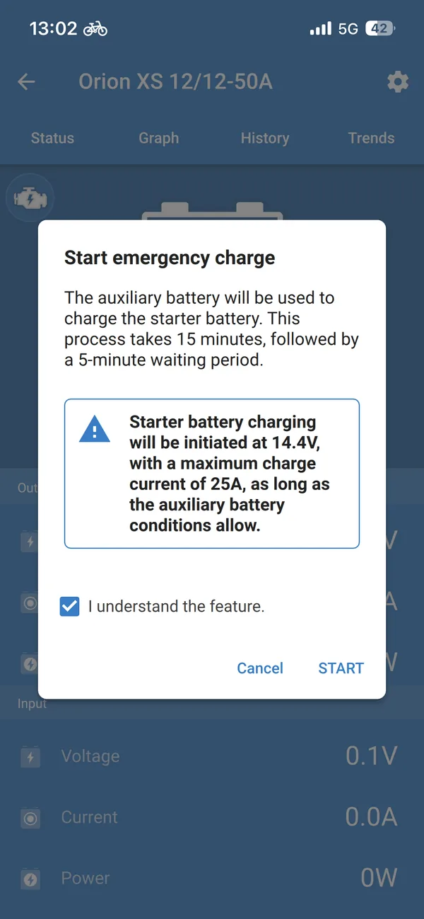 VictronConnect Start emergency reverse charge window showing target voltage and maximum current