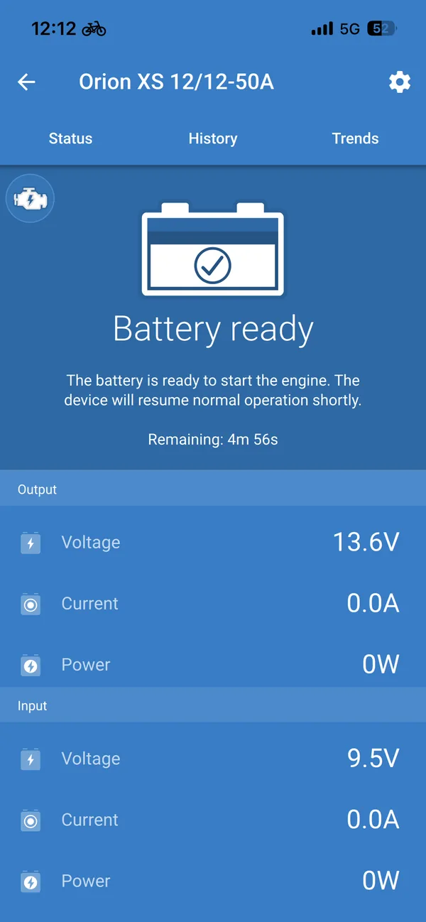 VictronConnect Battery ready screen after an Orion XS reverse charge