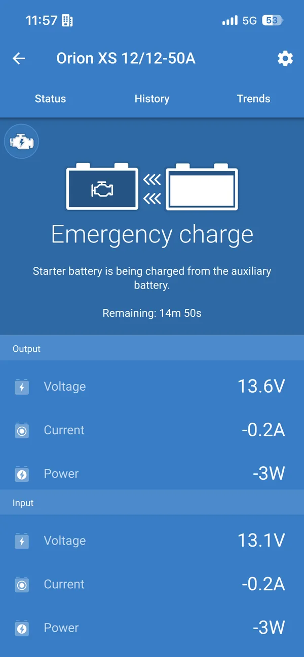 VictronConnect Orion XS input and output voltage and current readings