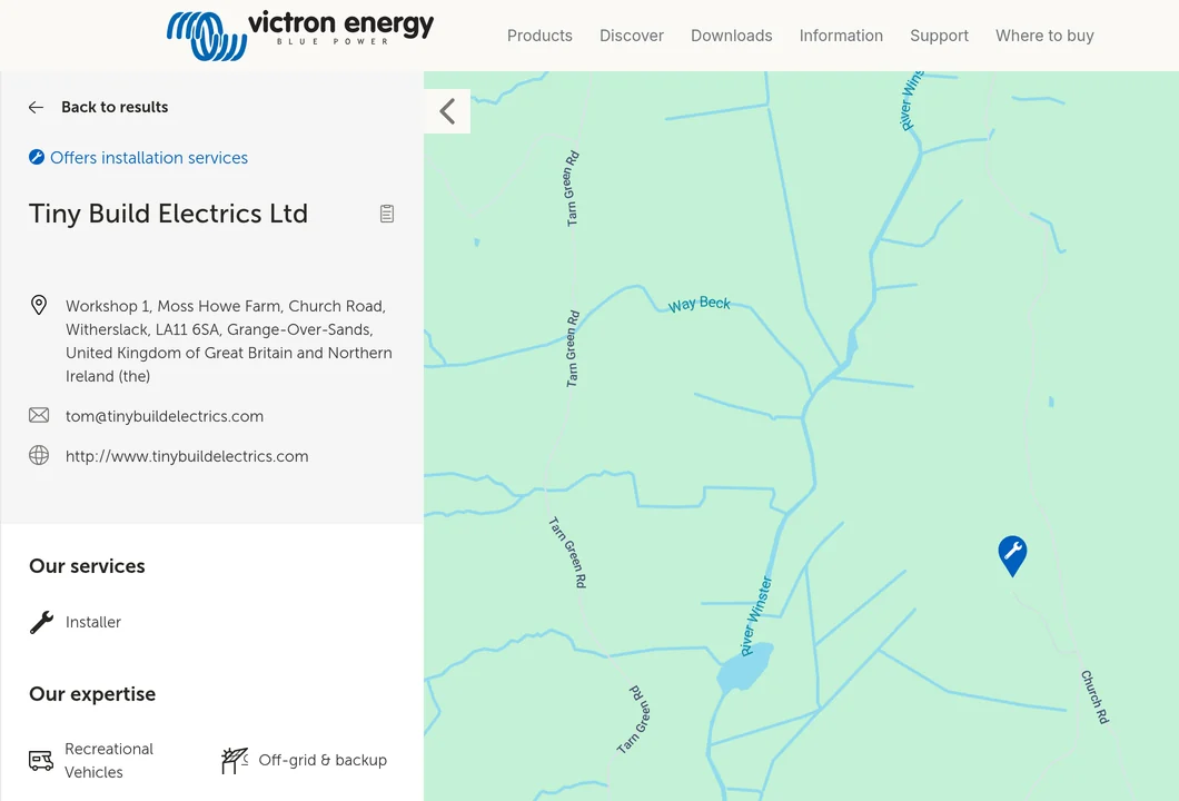Tiny Build Electrics Ltd listed as an installer on Victron Energy's where-to-buy finder, Witherslack, Cumbria