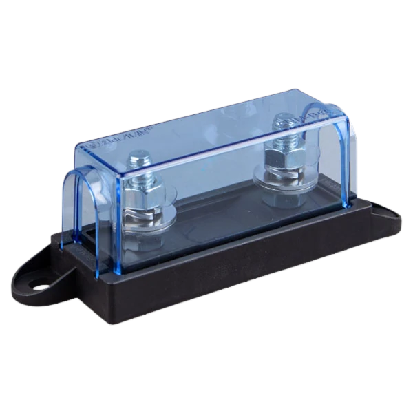 Victron MEGA fuse holder with a clear blue cover, used to protect a DC battery cable