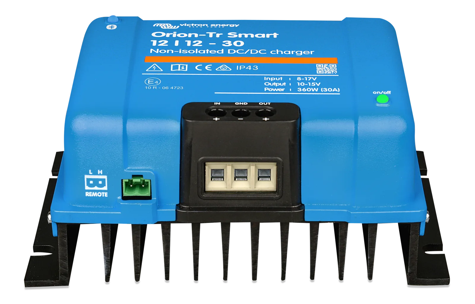 Victron Orion-Tr Smart 12/12-30 non-isolated DC-DC charger, front view showing the IN, GND and OUT terminals and the remote on/off connector