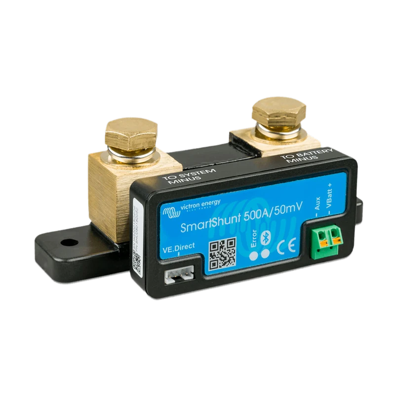 Victron SmartShunt 500A battery monitor with its two brass bolts marked for battery minus and system minus