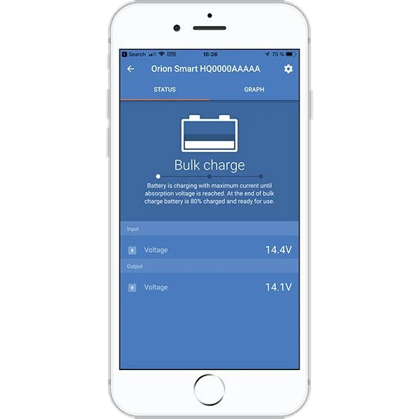 VictronConnect status screen for an Orion Smart charger in bulk charge, showing 14.4 V on the input and 14.1 V on the output
